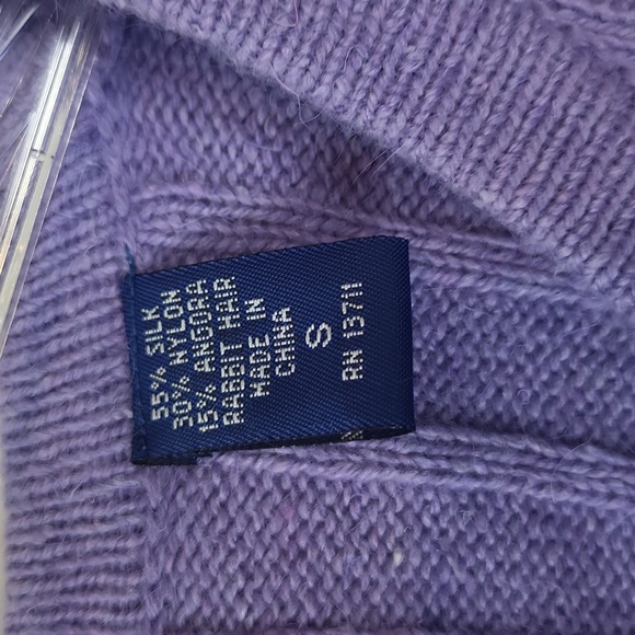 KAREN SCOTT Lilac Silk Angora Cable Knit V-neck Cardigan - Rhinestone Buttons - Picture 4 of 9